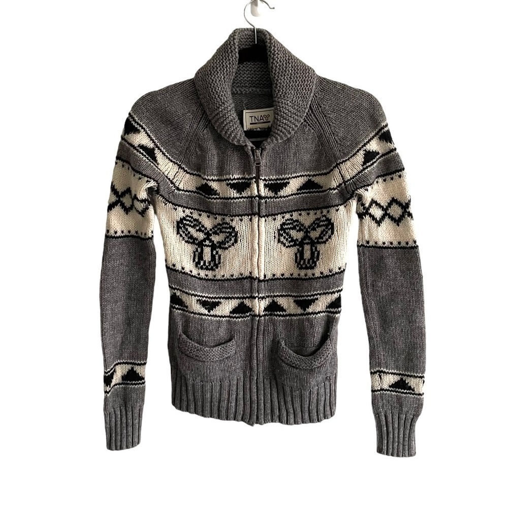 ARITZIA Tna Sea to Sky Wool Zip Front Cardigan Sweater Grey Cream S